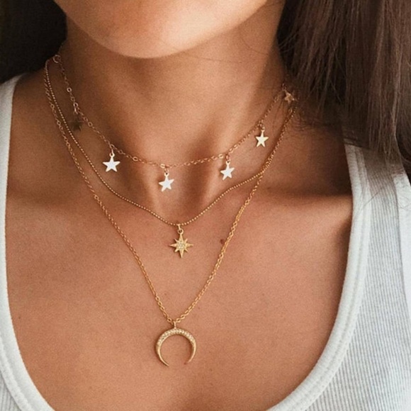 Stunning 3 Layer Star Moon Choker Necklace - NEW - Picture 1 of 4